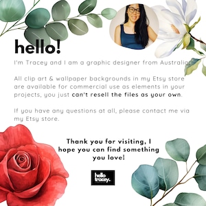 Puede incluir: Anuncio de dise&ntilde;o gr&aacute;fico con elementos florales en acuarela, incluyendo una rosa roja y hojas de eucalipto. El texto incluye "hello!" y un mensaje de agradecimiento. Se incluye una foto de la dise&ntilde;adora.