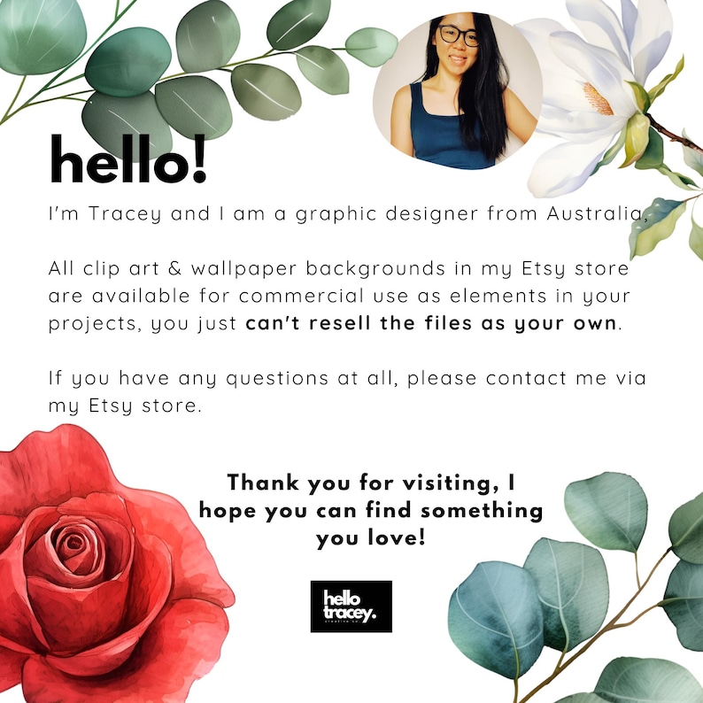 Puede incluir: Anuncio de dise&ntilde;o gr&aacute;fico con elementos florales en acuarela, incluyendo una rosa roja y hojas de eucalipto. El texto incluye "hello!" y un mensaje de agradecimiento. Se incluye una foto de la dise&ntilde;adora.