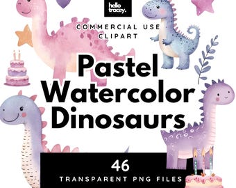 Pastel Pink Purple Blue Watercolor Dinosaur Clipart Pack, Dinosaurs Clip art for commercial use, Transparent PNGs, Birthday Cake PNG
