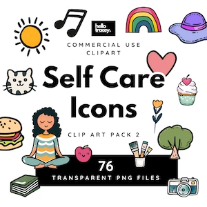 Cute Self Care Icons Watercolor PNG clipart, Hand Drawn Self Love clip art elements, Transparent PNG, Royalty Free, Digital stickers
