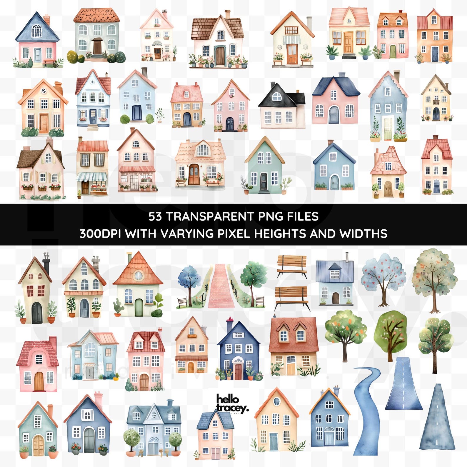 Cute Watercolor Houses PNG Clipart, Watercolor Town Homes Trees Roads ...