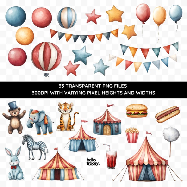 Watercolor Circus PNG Clipart PACK TWO, Circus Theme, Elephant, Tiger ...