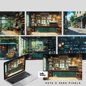 Studio Ghibli Inspired Desktop Wallpapers | aesthetic anime lofi cafe florist record store storefronts flower shop wallpaper gaming streaming youtube background images