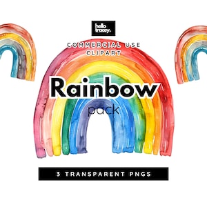 May include: A set of three watercolor rainbow clipart images. The rainbows are painted in vibrant colors with a textured, brushstroke effect. The text "COMMERCIAL USE CLIPART Rainbow pack 3 TRANSPARENT PNGS" is displayed below the rainbows.