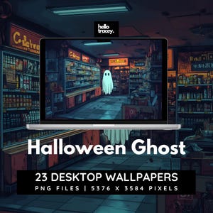 Puede incluir: Una ilustración digital de un fantasma en una tienda de conveniencia. El fantasma es blanco y translúcido, y está flotando en el medio de la tienda. La tienda está tenuemente iluminada y tiene estantes llenos de varios productos. La imagen es una ilustración digital de un fantasma de Halloween.