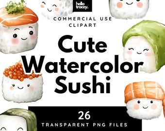 Cute Watercolor Sushi Illustrations PNG clipart, Sushi Kawaii Baby Onigiri Transparent PNGs clip art, Royalty Free, Digital stickers