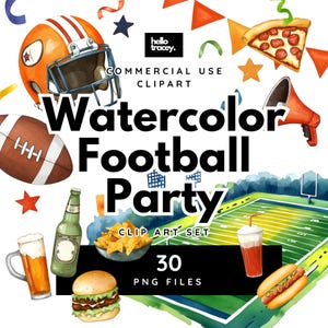 Pacote de clipart de festa de futebol americano, clipart de aquarela, PNGs transparentes, capacete de ferro de grade, campo de comida, hambúrguer, refrigerante, cerveja, confete PNG