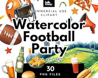 Amerikansk fotbollsfest Clipart-paket, akvarell clipart, transparenta PNG-filer, rutnät, järnhjälm, matfält, hamburgare, läsk, öl, konfetti PNG