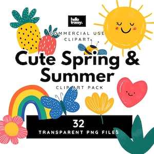 Leuke lente zomer PNG-clipart, zoete geïllustreerde bloemen, fruit, zon, regenboog, hart, transparante png-clipart illustraties, bloem bloemenafbeeldingen