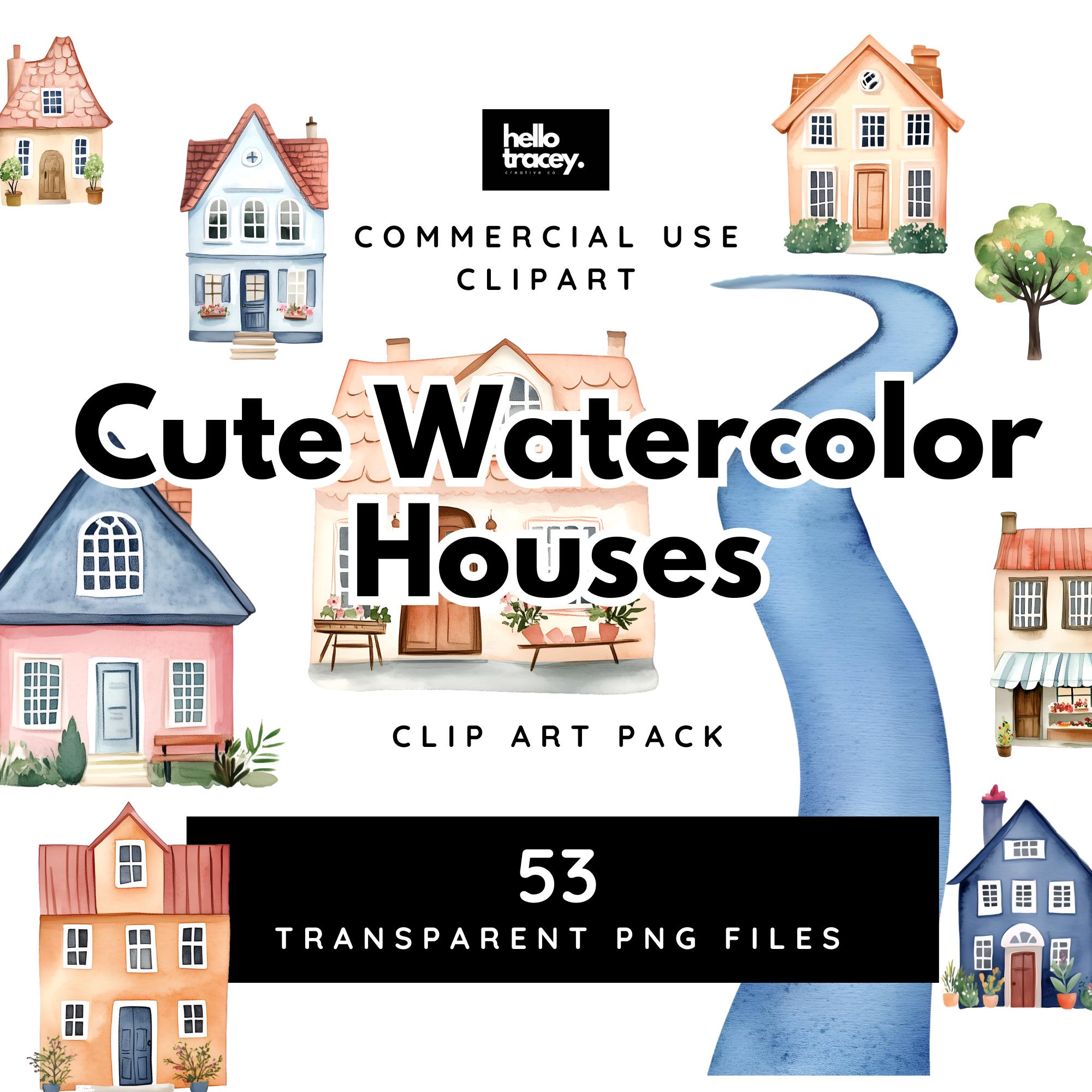 Cute Watercolor Houses PNG Clipart, Watercolor Town Homes Trees Roads ...