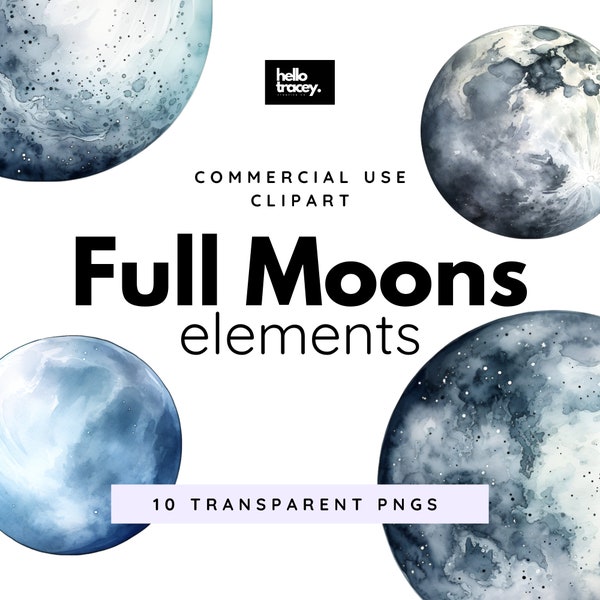 Full Moon Watercolor PNG clipart, Moon Celestial Supermoon clip art, Transparent PNG, Royalty Free, Digital stickers