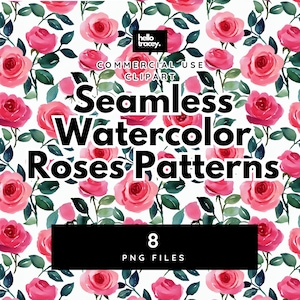 Watercolor Red Pink Roses, Digital Seamless Pattern PNG, Rose Backgrounds, Flowers, Repeating PNG paper patterns, Commercial Use