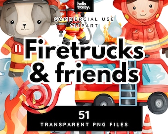 Watercolor Animal Firefighters PNG clipart, Firetruck, Fire Engine, Fire Truck, Hose, Helmet Transparent PNGs clip art, Royalty Free