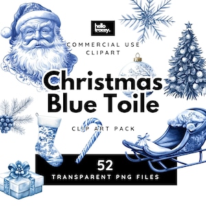 Noël bleu toile des cliparts, ensemble vintage Noël vacances chinoiseries bleu et blanc PNG clipart, père Noël, couronne d'arbre, clipart PNG transparents