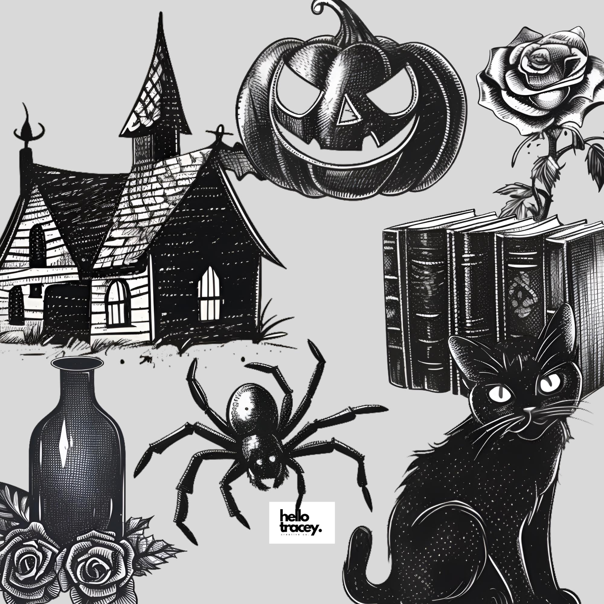 Gothic Black & White Halloween Clipart Pack, Line Art Drawing Spooky ...