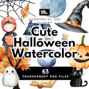 Cute Watercolor Halloween Clipart Pack, Boho Pastel PNG Clip art set for personal or commercial use, Transparent PNGs