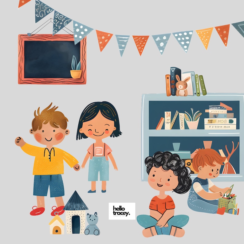 Preschool Toddler Boy Girl Classroom PNG clipart, Watercolor Graduation Boys Girls Chalkboard Toys Bunting Rainbow Moon Sun Stars Apple Books Library Bookcase Pencils Transparent PNGs clip art, Royalty Free
