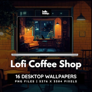 May include: A digital illustration of a cosy coffee shop at night. The image shows a laptop screen with a view of the shop's interior, featuring a black cat sitting on a windowsill, a wooden table, and a yellow armchair. The text "Lofi Coffee Shop" is displayed below the laptop, along with the words "16 Desktop Wallpapers" and "PNG Files | 5376 x 3584 Pixels".