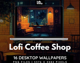 Lofi Coffee Shop Desktop Wallpapers | aesthetic manga style neon black cat cosy wallpaper gaming streaming youtube background images