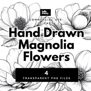 Single Magnolia Flower Outlines Clipart Pack, Magnolia Floral Clip art for commercial use, Transparent PNGs, Royalty Line Art Flowers