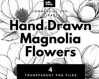 Pacchetto Clipart di singoli fiori di magnolia, Clip art floreali di magnolia per uso commerciale, PNG trasparenti, Fiori royalty line art
