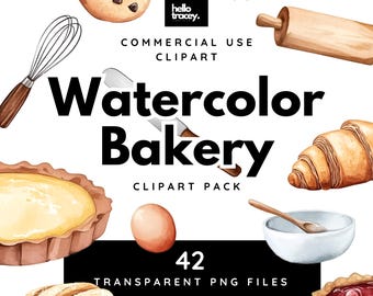 May include: Watercolor illustrations of bakery items, including a croissant, a loaf of bread, a cookie, a pie, a bowl, a rolling pin, a whisk, a knife, and an egg. The text "Watercolor Bakery Clipart Pack 42 Transparent PNG Files" is also included in the image.