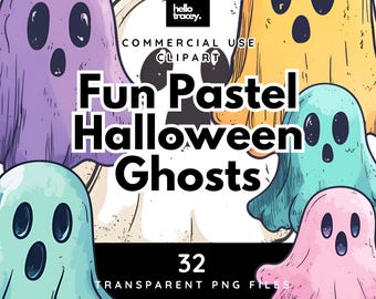 Op de afbeelding: Een set van 32 pastelkleurige spookillustraties. De spoken zijn in verschillende poses en hebben verschillende gezichtsuitdrukkingen. De tekst "Fun Pastel Halloween Ghosts" is in zwarte letters op een witte achtergrond geschreven. De tekst "32 Transparent PNG Files" is in zwarte letters op een witte achtergrond geschreven.