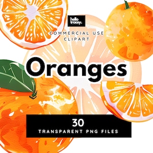 Puede incluir: Una ilustración digital de 30 naranjas de acuarela en diferentes estados de maduración, incluyendo naranjas enteras, rodajas de naranja y cáscaras de naranja. Las naranjas están dispuestas en un grupo sobre un fondo blanco. El texto "Naranjas" está escrito en letras negras en negrita sobre las naranjas. El texto "30 archivos PNG transparentes" está escrito en letras negras debajo de las naranjas.