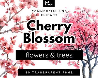 May include: A digital illustration of 20 cherry blossom flowers and trees. The flowers are pink and white, and the trees are brown. The image is on a white background. The text "Cherry Blossom flowers & trees" and "20 TRANSPARENT PNGS" is included in the image.