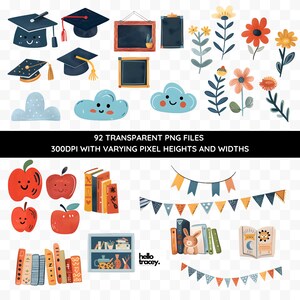 Preschool Toddler Boy Girl Classroom PNG clipart, Watercolor Graduation Boys Girls Chalkboard Toys Bunting Rainbow Moon Sun Stars Apple Books Library Bookcase Pencils Transparent PNGs clip art, Royalty Free