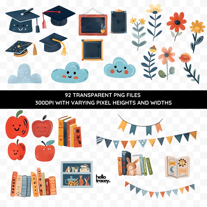 Preschool Toddler Boy Girl Classroom PNG clipart, Watercolor Graduation Boys Girls Chalkboard Toys Bunting Rainbow Moon Sun Stars Apple Books Library Bookcase Pencils Transparent PNGs clip art, Royalty Free