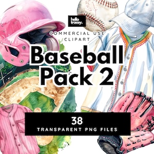 Baseball Clipart Pack, rosa Aquarell Clip Art für den persönlichen oder kommerziellen Gebrauch, transparente PNGs, Base Ball Fledermaus Hut einheitliche Handschuh Diamant PNG