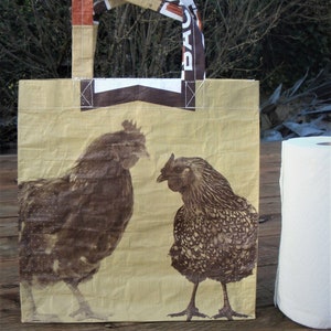 Recycled Feed Bag Tote, reusable tote bag, grocery tote, recycled shopping bag, reusable grocery bag, recycled tote bag, Payback chickens image 4