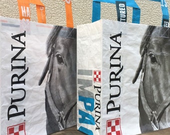 Upcycled Feed Bag Tote, feed sack tote bag, grocery tote, recycled shopping bag, reusable grocery bag, recycled tote bag, Purina horse