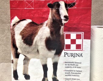 Recycled Feed Bag Tote, reusable tote bag, grocery tote, recycled shopping bag, reusable grocery bag, recycled tote bag, goat, Purina, goats