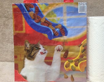 Recycled Feed Bag Tote, reusable tote bag, grocery tote, recycled shopping bag, reusable grocery bag, recycled tote bag, cat, Friskies