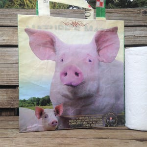 Recycled Feed Bag Tote, reusable tote bag, grocery tote, recycled shopping bag, reusable grocery bag, recycled tote bag, Purina pig