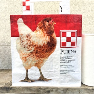Recycled Feed Bag Tote, reusable tote bag, grocery tote, recycled shopping bag, reusable grocery bag, recycled tote bag, Purina chicken
