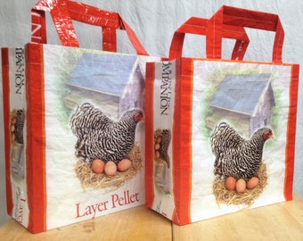 Recycled Feed Bag Tote, reusable tote bag, grocery tote, recycled shopping bag, reusable grocery bag, recycled tote bag, chickens
