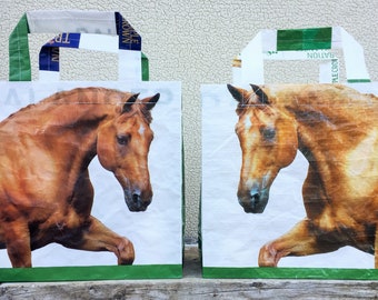 Recycled Feed Bag Tote, reusable tote bag, grocery tote, recycled shopping bag, reusable grocery bag, upcycled tote bag, horse, Triple Crown