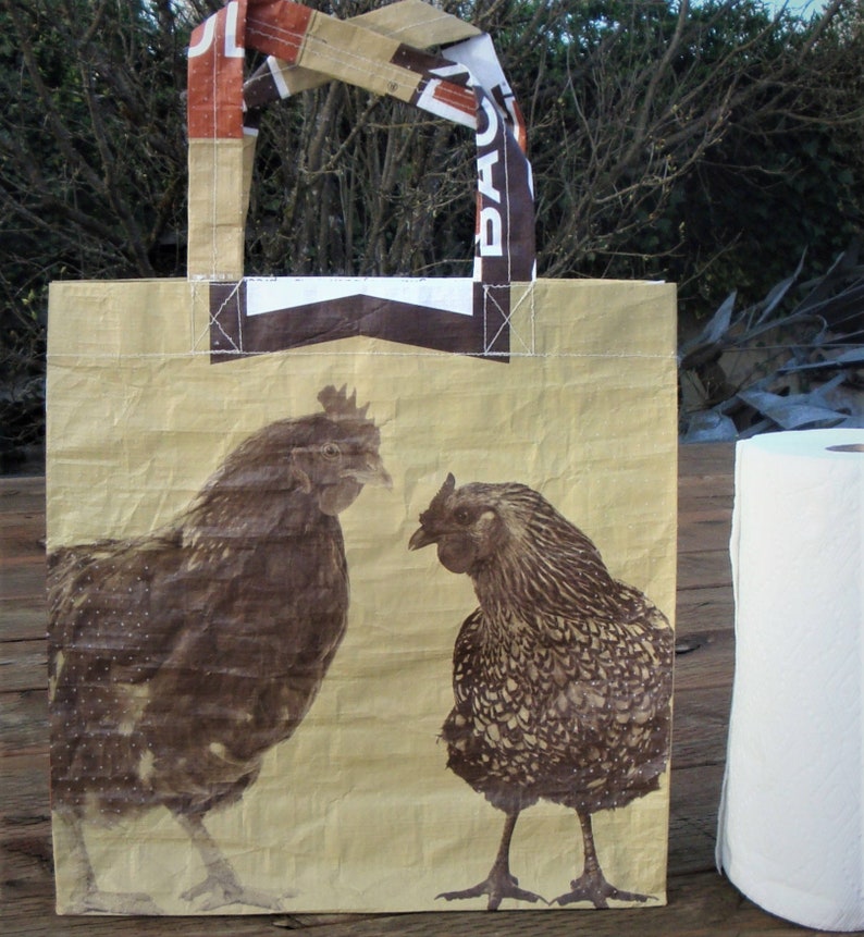 Recycled Feed Bag Tote, reusable tote bag, grocery tote, recycled shopping bag, reusable grocery bag, recycled tote bag, Payback chickens image 4