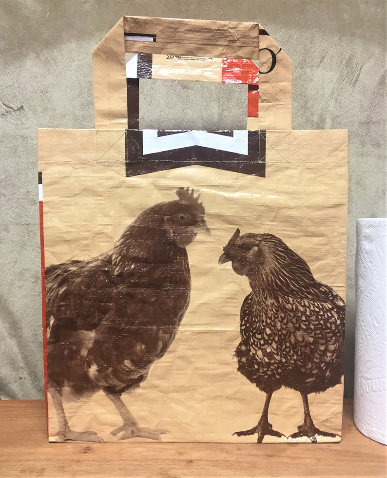 Recycled Feed Bag Tote, reusable tote bag, grocery tote, recycled shopping bag, reusable grocery bag, recycled tote bag, Payback chickens glossy