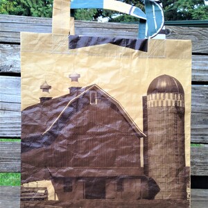 Recycled Feed Bag Tote, reusable tote bag, grocery tote, recycled shopping bag, reusable grocery bag, recycled tote bag, Payback barn silo image 3