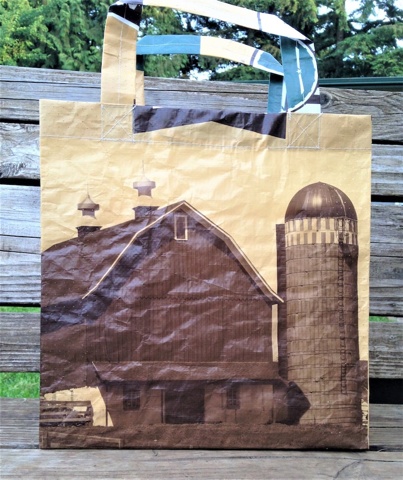 Recycled Feed Bag Tote, reusable tote bag, grocery tote, recycled shopping bag, reusable grocery bag, recycled tote bag, Payback barn silo image 3