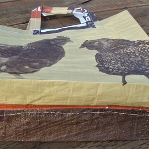 Recycled Feed Bag Tote, reusable tote bag, grocery tote, recycled shopping bag, reusable grocery bag, recycled tote bag, Payback chickens image 7