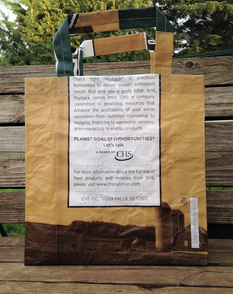May include: A brown paper bag with a green and brown handle. The bag has a logo for CHS, a brand of agricultural products and services. The text on the bag reads "Payback is precision formulated to deliver proven, consistent results that give you a profit edge." and "PLANS? GOALS? OPPORTUNITIES? Let's talk."