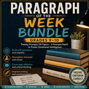 Pode incluir: Imagem promocional de um "Paragraph of the Week Bundle" para os graus 9-10, com texto sobre inteligência emocional e exercícios de escrita. Mostra uma pilha de livros, um caderno e uma caneta.
