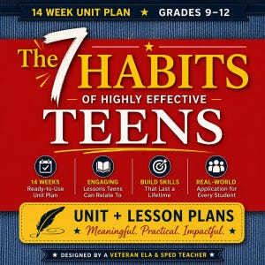 Może przedstawiać: Czerwony i niebieski plakat edukacyjny z tytułem "The 7 Habits of Highly Effective Teens". Plakat zawiera tekst o planach jednostkowych, planach lekcji i budowaniu umiejętności. Zaprojektowany przez weterana nauczyciela ELA i SPED.