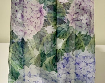 100% Mulberry Silk Chiffon Scarf ~ Pink Purple & Blue Hydrangeas ~ 65x190cm ~ Gift Organza Bag