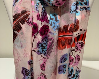 100% Mulberry Burnout Silk Scarf ~ Feathers & Flowers on Pale Pink Chiffon ~ 55x200cm